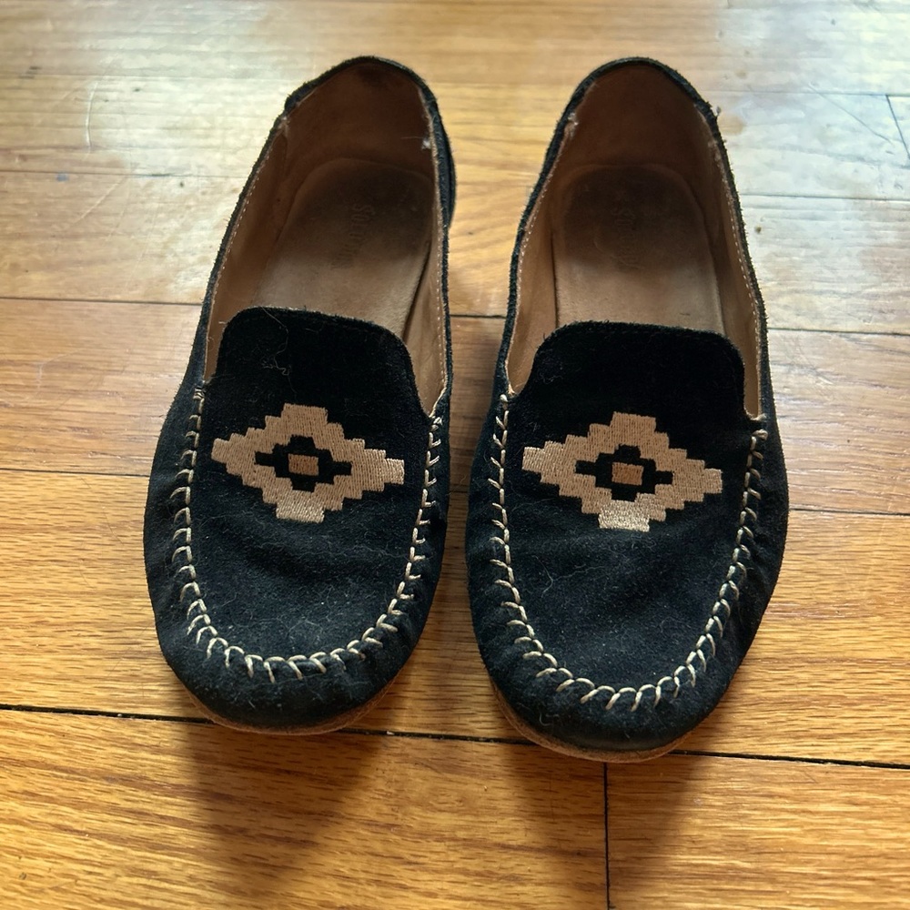 Soludos black suede embroidered loafers